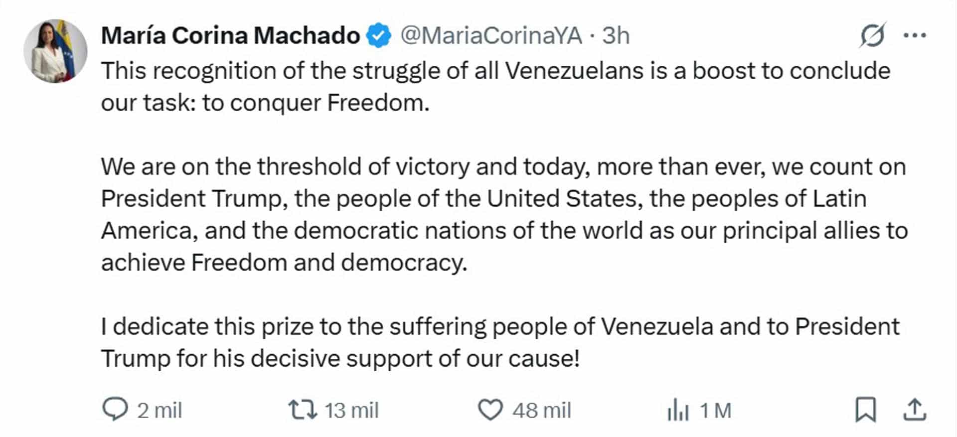 Captura de pantalla de la cuenta oficial en X @MariaCorinaYA de la líder opositora venezolana María Corina Machado, que muestra un mensaje relacionado al Premio Nobel de Paz. Machado dedicó este viernes, en un mensaje en inglés publicado en X, el Premio Nobel de la Paz 2025 al presidente de EE.UU., Donald Trump, por su apoyo a la causa de la oposición del país suramericano, que denuncia "fraude" en las presidenciales de julio del año pasado, en las que el ente electoral proclamó la victoria del mandatario Nicolás Maduro. EFE/ @mariacorinaya /SOLO USO EDITORIAL/ NO VENTAS/ SOLO DISPONIBLE PARA ILUSTRAR LA NOTICIA QUE ACOMPAÑA (CRÉDITO OBLIGATORIO)