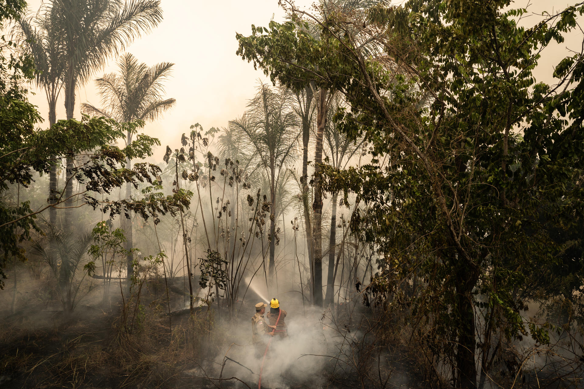 Un bombero trabaja para contener un incendio en una zona verde en Manaos, Amazonas (Brasil), en una imagen de archivo. EFE/ Raphael Alves