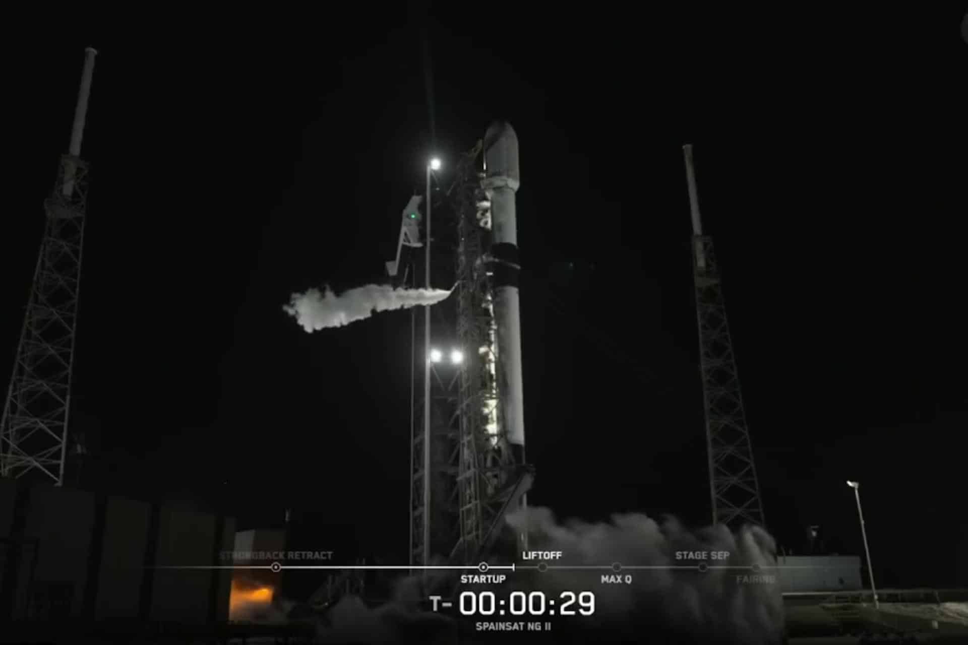 Fotografía cedida este jueves por Space X donde se observa el satélite español SpainSat NG II durante su lanzamiento en Cabo Cañaveral (Estados Unidos). EFE/ Space X / SOLO USO EDITORIAL/ NO VENTAS/ SOLO DISPONIBLE PARA ILUSTRAR LA NOTICIA QUE ACOMPAÑA (CRÉDITO OBLIGATORIO)