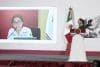 La titular de la Coordinación Nacional de Protección Civil (CNPC) Laura Velázquez, habla en videollamada durante una rueda de prensa de la presidenta de México, Claudia Sheinbaum (d) este lunes, en Palacio Nacional de la Ciudad de México (México). EFE/José Méndez