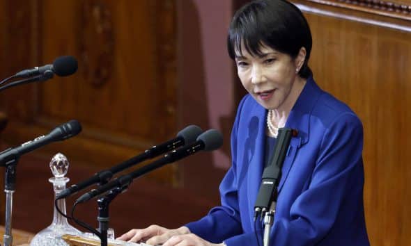 La nueva primera ministra de Japón, Sanae Takaichi, durante su primer discurso sobre su agenda política ante el Parlamento (Dieta) en Tokio, este jueves 24 de octubre de 2025. EFE/EPA/FRANCK ROBICHON