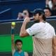 El tenista monaguesco Valentin Vacherot en acción durante la final del torneo de individuales masculino contra el francés Arthur Rinderknech en el torneo de tenis de Shanghai, China. EFE/EPA/ALEX PLAVEVSKI