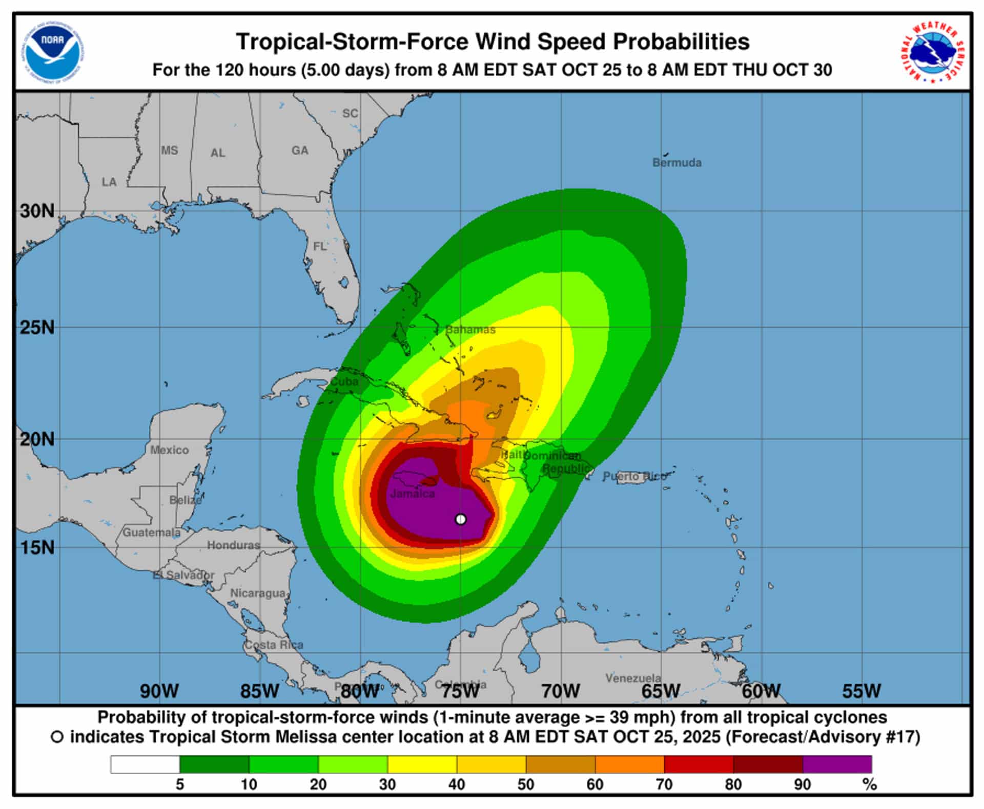 Imagen cedida por la Oficina Nacional de Administración Oceánica y Atmosférica de Estados Unidos (NOAA) a través del Centro Nacional de Huracanes (NHC), que muestra la tormenta Melissa que se convirtió en huracán categoría 1 este sábado, en el Caribe. EFE/ NOAA-NHC /SOLO USO EDITORIAL/ NO VENTAS/ SOLO DISPONIBLE PARA ILUSTRAR LA NOTICIA QUE ACOMPAÑA (CRÉDITO OBLIGATORIO)