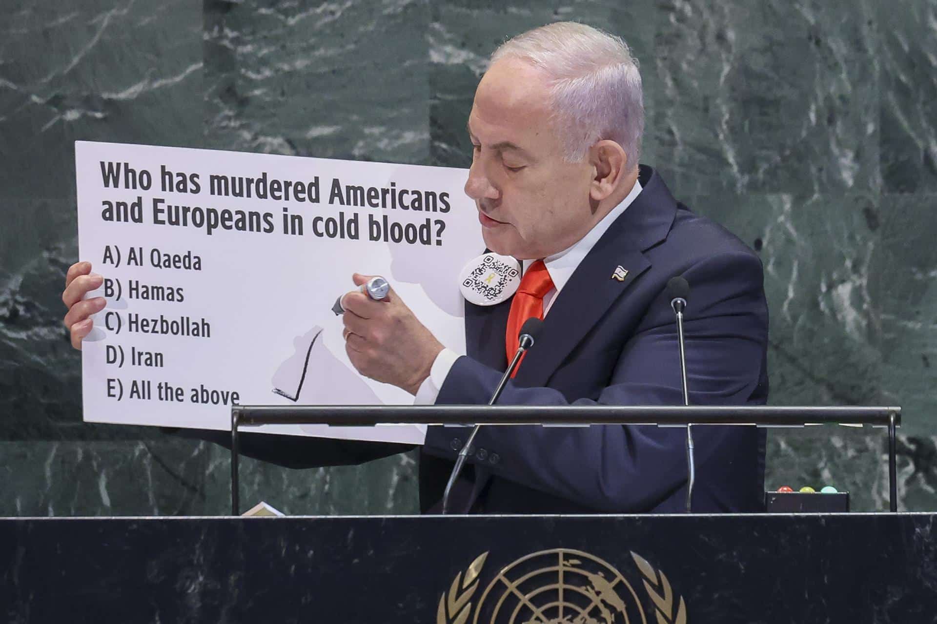 El primer ministro de Israel, Benjamin Netanyahu, habla durante el Debate General de la 80ª sesión de la Asamblea General de las Naciones Unidas en la sede de las Naciones Unidas en Nueva York, Nueva York, EE. UU., 26 de septiembre de 2025.
EFE/EPA/SARAH YENESEL