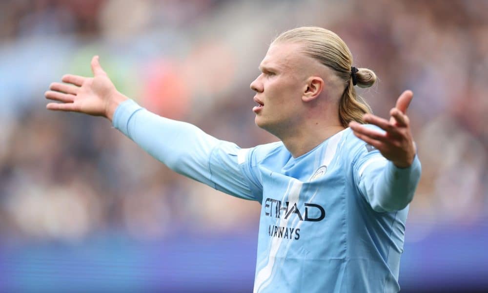 Erling Haaland del Manchester City gesticula durante el partido de la Premier League del pasado sábado entre el Manchester City FC y el Everton FC en Manchester, Reino Unido. EFE/ADAM VAUGHAN