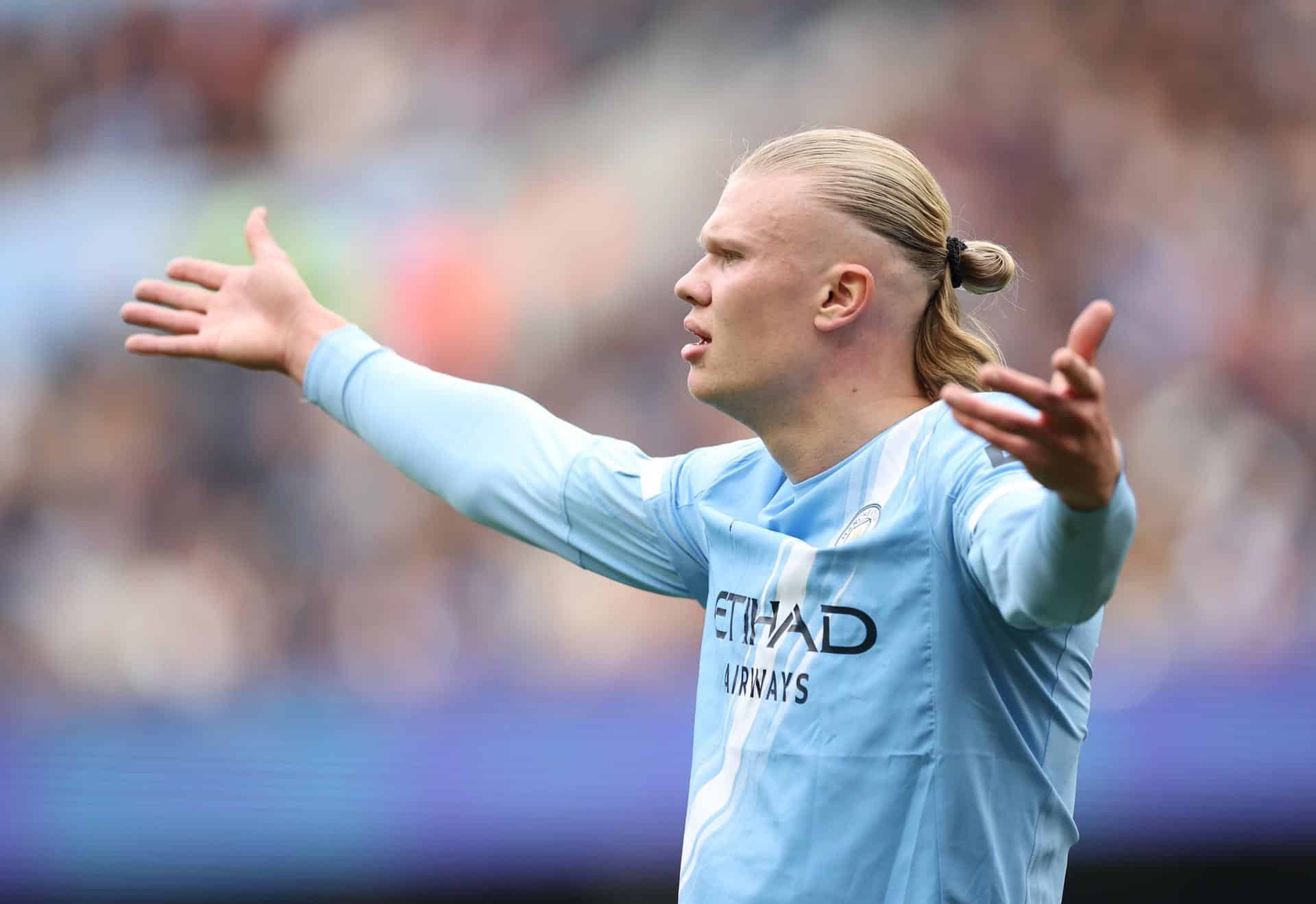 Erling Haaland del Manchester City gesticula durante el partido de la Premier League del pasado sábado entre el Manchester City FC y el Everton FC en Manchester, Reino Unido. EFE/ADAM VAUGHAN