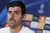 El portero del Real Madrid Thibaut Courtois en rueda de prensa tras el entrenamiento del equipo en la Ciudad Deportiva de Valdebebas previo su partido de Liga de Campeones contra la Juventus de Turín. EFE/Sergio Pérez