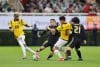 Erick Daniel Sánchez (2i) y César Huerta (2d) de México disputan el balón con Jordy José Alcívar (1d) y Nilson David Angulo (1i) de Ecuador este martes, durante un partido amistoso entre la selección de México y Ecuador, en el Estadio Akron, en Guadalajara (México). EFE/ Francisco Guasco