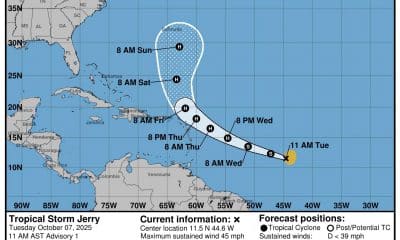 Imagen cedida por la Oficina Nacional de Administración Oceánica y Atmosférica de Estados Unidos (NOAA), a través del Centro Nacional de Huracanes (NHC), del pronóstico de cinco días de la trayectoria de la tormenta tropical Jerry en el Atlántico. EFE/NOAA-NHC /SOLO USO EDITORIAL /NO VENTAS /SOLO DISPONIBLE PARA ILUSTRAR LA NOTICIA QUE ACOMPAÑA /CRÉDITO OBLIGATORIO