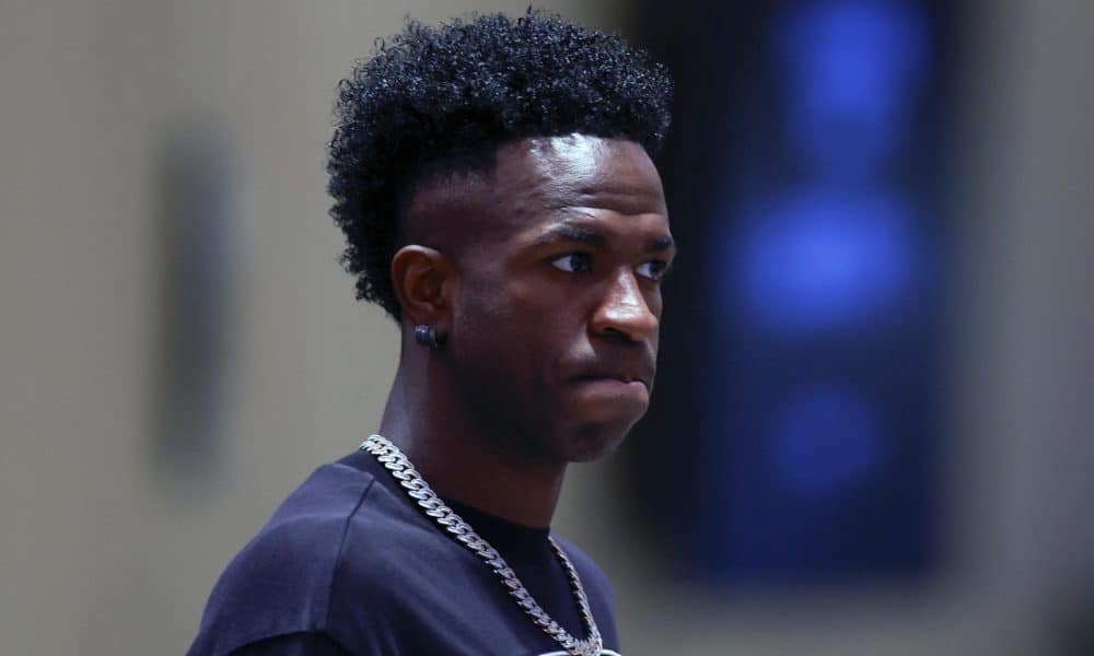 El delantero del Real Madrid Vinicius Jr. durante un acto celebrado este viernes en Madrid. EFE/Javier Lizón