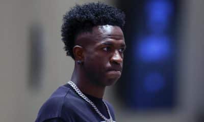 El delantero del Real Madrid Vinicius Jr. durante un acto celebrado este viernes en Madrid. EFE/Javier Lizón