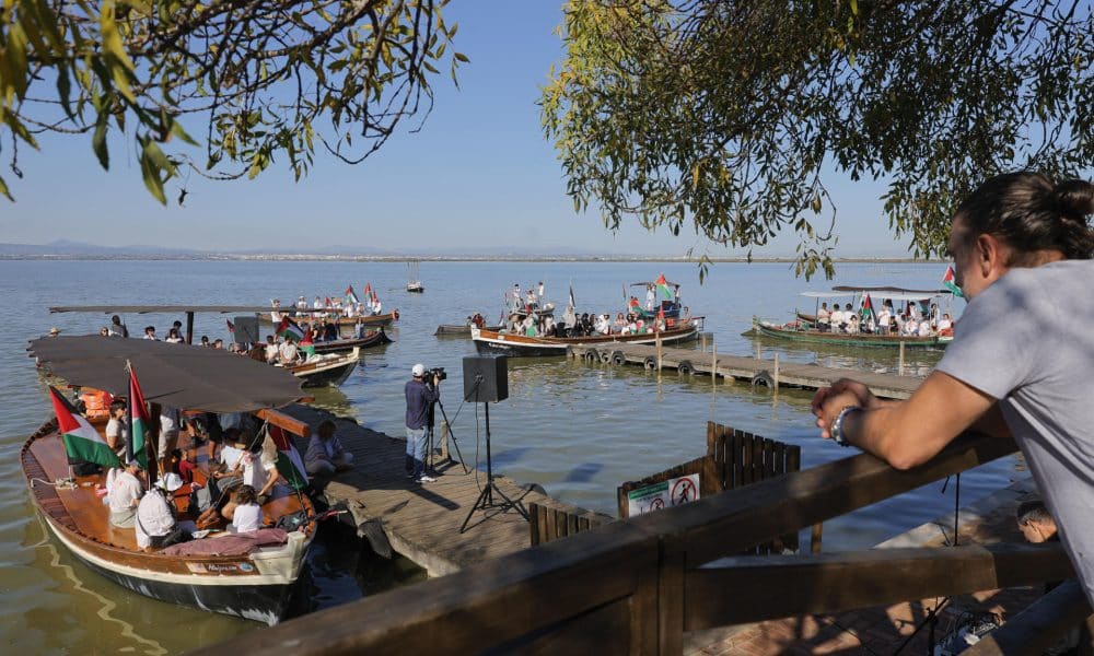 Embarcaciones de apoyo a la causa palestina navegan este sábado en la laguna costera española de la Albufera. EFE/ Kai Forsterling