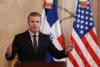 El secretario de Guerra de Estados Unidos, Pete Hegseth, habla durante un encuentro con el presidente de República Dominicana, Luis Abinader, este miércoles en el Palacio Nacional, en Santo Domingo (República Dominicana). EFE/ Orlando Barría
