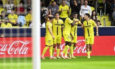 Jugadores del Villarreal celebran un gol de Gerard Moreno (2i) contra el Rayo Vallecano. EFE/ Andreu Esteban