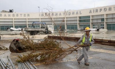 Un obrero fue captado este sábado, 1 de noviembre, al trasladar la rama de un árbol arrancada por el huracán Melissa, frente al Aeropuerto Internacional Sangstereste, en Montego Bay (Jamaica). EFE/Orlando Barría