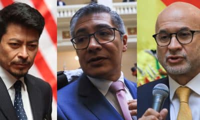 Combo de fotografías que muestra al canciller de Bolivia, Fernando Hugo Aramayo (i); el ministro de economía de Bolivia, José Gabriel Espinoza (c), y el ministro de Presidencia, José Luis Lupo, en La Paz (Bolivia). EFE/ Gabriel Márquez /Luis Gandarillas