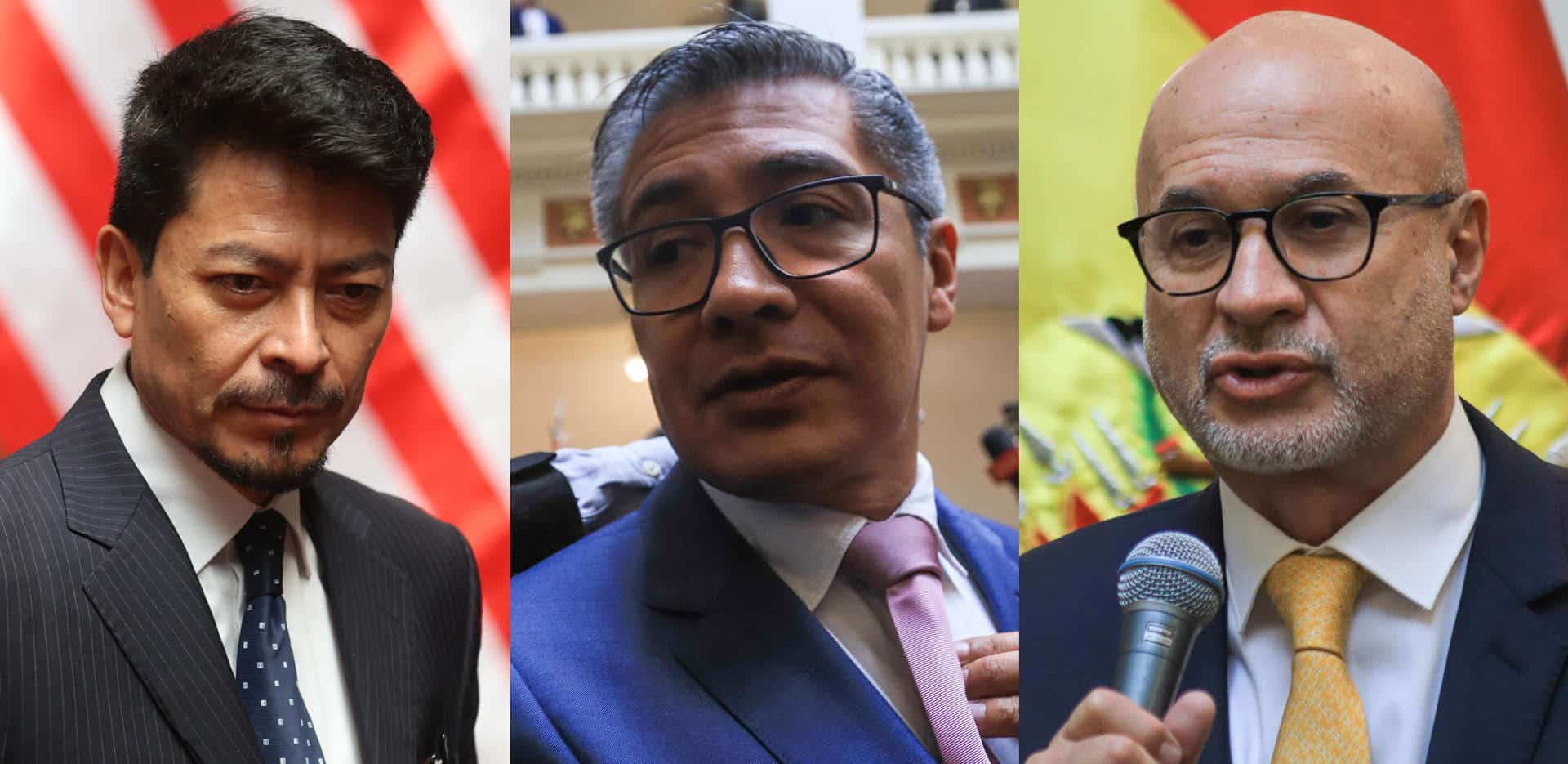 Combo de fotografías que muestra al canciller de Bolivia, Fernando Hugo Aramayo (i); el ministro de economía de Bolivia, José Gabriel Espinoza (c), y el ministro de Presidencia, José Luis Lupo, en La Paz (Bolivia). EFE/ Gabriel Márquez /Luis Gandarillas