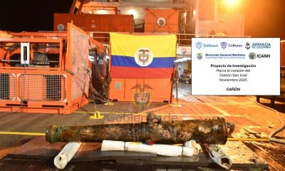 Fotografía sin fecha específica de toma cedida este jueves, 20 de noviembre, por el Instituto Colombiano de Antropología e Historia (ICANH) y el Ministerio de las Culturas que muestra un cañón recuperado del galeón español San José, hundido frente a Cartagena de Indias en 1708. EFE/ICANH/Ministerio De Las Culturas