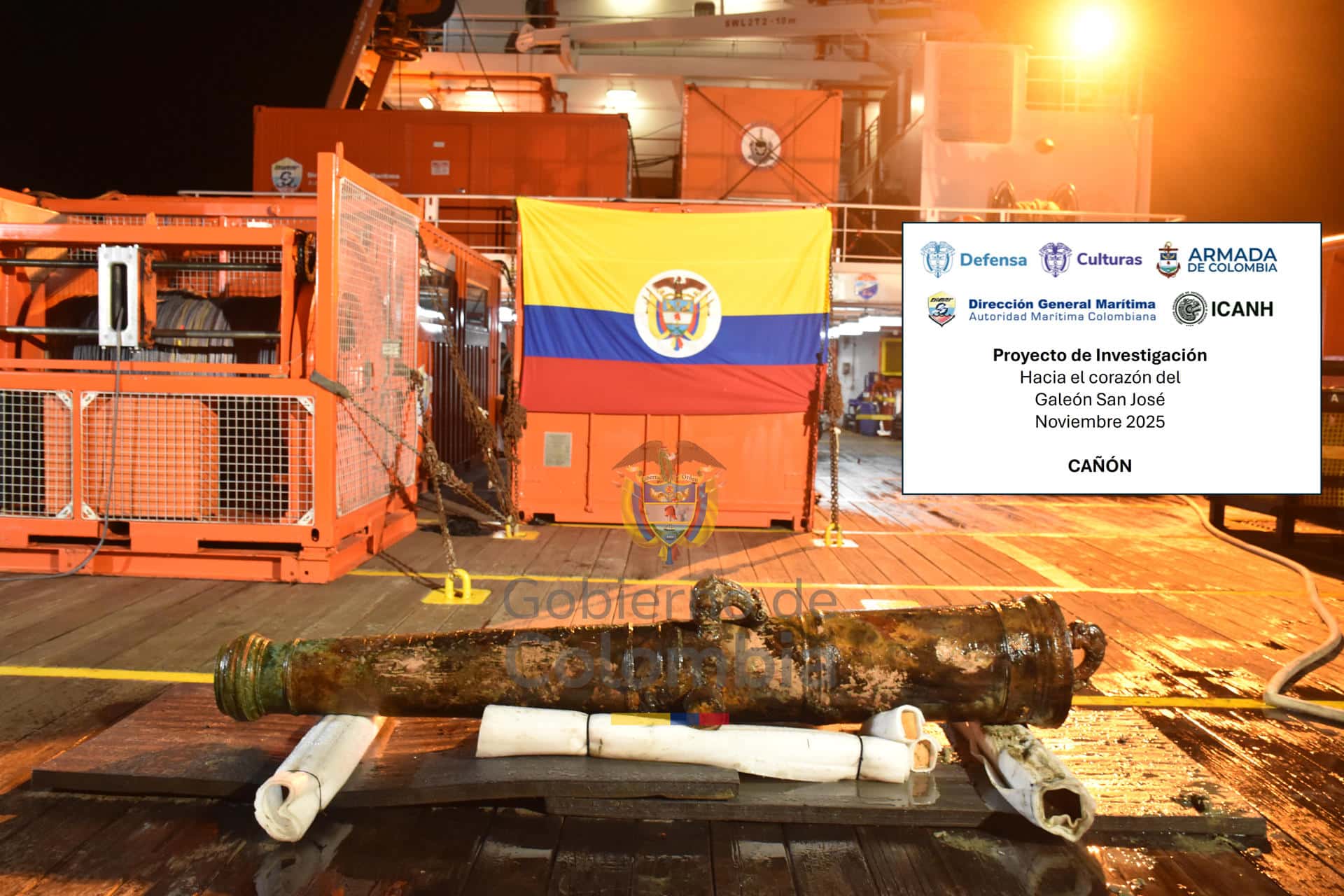 Fotografía sin fecha específica de toma cedida este jueves, 20 de noviembre, por el Instituto Colombiano de Antropología e Historia (ICANH) y el Ministerio de las Culturas que muestra un cañón recuperado del galeón español San José, hundido frente a Cartagena de Indias en 1708. EFE/ICANH/Ministerio De Las Culturas