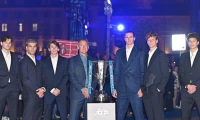 (I-D) Taylor Fritz, Carlos Alcaraz, Alex de Minaur, Alexander Zverev, Jannik Sinner y Ben Shelton en la presentación de las Finales ATP, en Turín. EFE/EPA/Alessandro Di Marco