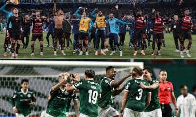Los equipos brasileños Flamengo y Palmeiras celebran sus respectivas clasificaciones a la final de la Copa Libertadores. EFE/Adán González-Isaac Fontana