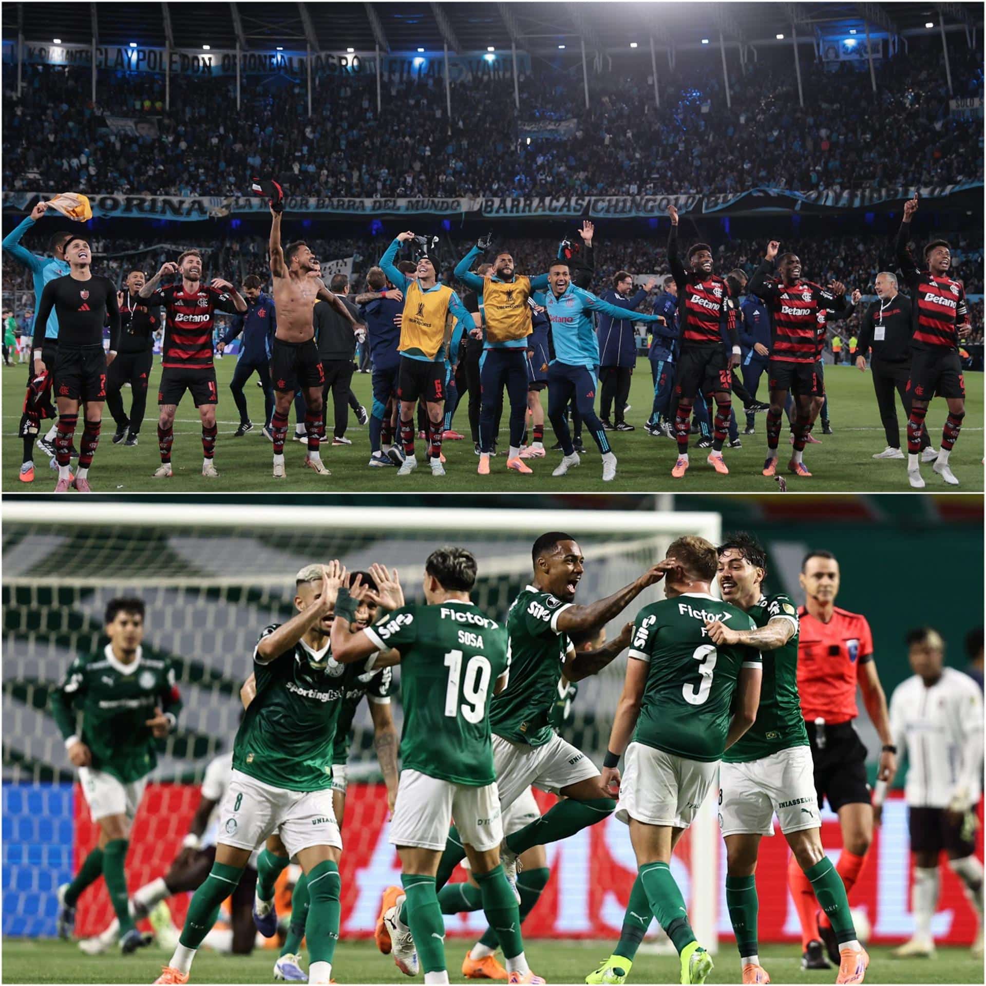 Los equipos brasileños Flamengo y Palmeiras celebran sus respectivas clasificaciones a la final de la Copa Libertadores. EFE/Adán González-Isaac Fontana