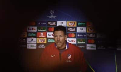 El entrenador del Atlético de Madrid, Diego Simeone durante la rueda de prensa ofrecida este martes en el estadio Metropolitano de Madrid. EFE/ Sergio Perez