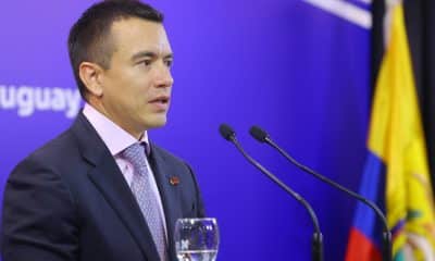 Fotografía de archivo, tomada el pasado 19 de agosto, del presidente de Ecuador, Daniel Noboa, durante una rueda de prensa, en Montevideo (Uruguay). EFE/Gaston Britos