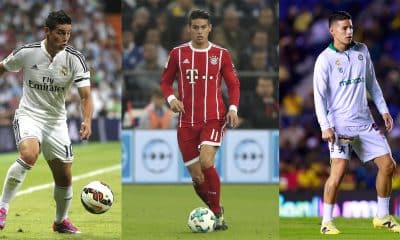 Combo de fotografías de archivo del futbolista colombiano James Rodríguez vistiendo las camisetas de Rea Madrid (i), Bayern Munich (c) y León (d). EFE/ Fernando Alvarado/Sáshenka Gutiérrez /Friedemann Vogel/ARCHIVO