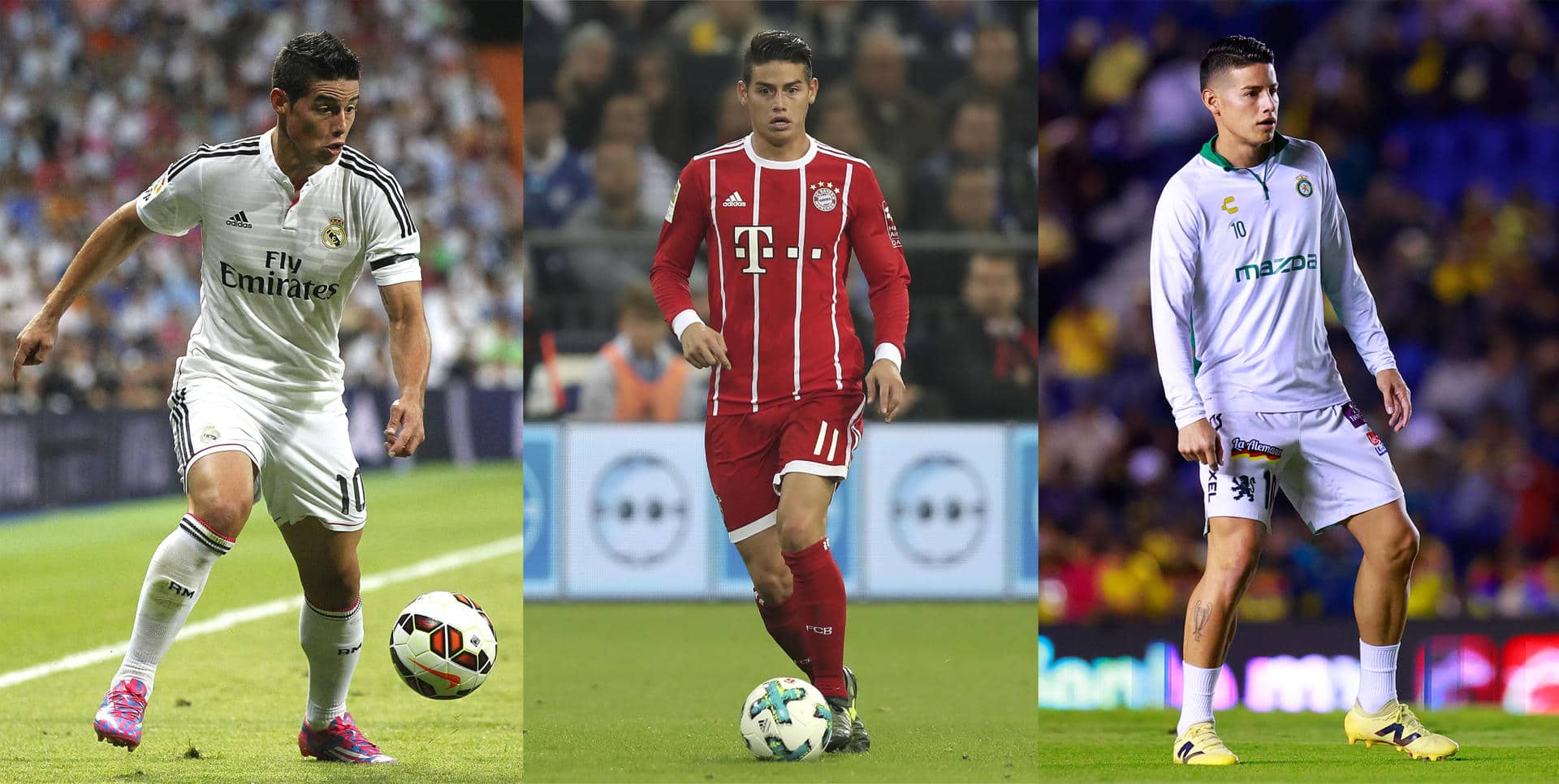 Combo de fotografías de archivo del futbolista colombiano James Rodríguez vistiendo las camisetas de Rea Madrid (i), Bayern Munich (c) y León (d). EFE/ Fernando Alvarado/Sáshenka Gutiérrez /Friedemann Vogel/ARCHIVO