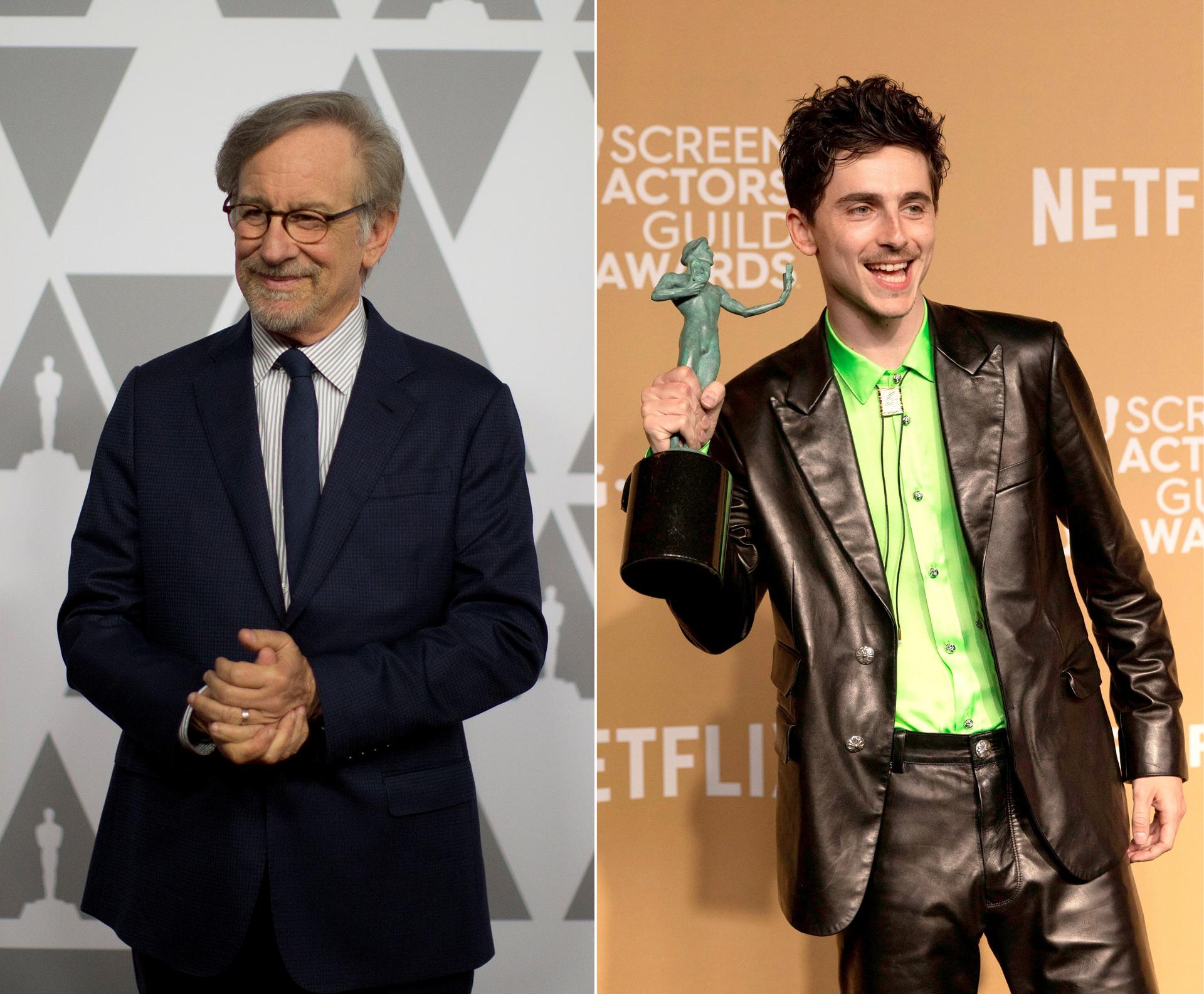 Combo de fotografías de archivo del director Steven Spielberg (i) y el actor Timothée Chalamet (d), quienes recibieron este viernes su primera nominación a un premio Grammy, ampliando así su presencia en los más prestigiosos galardones de la industria del entretenimiento. EFE/Armando Arorizo