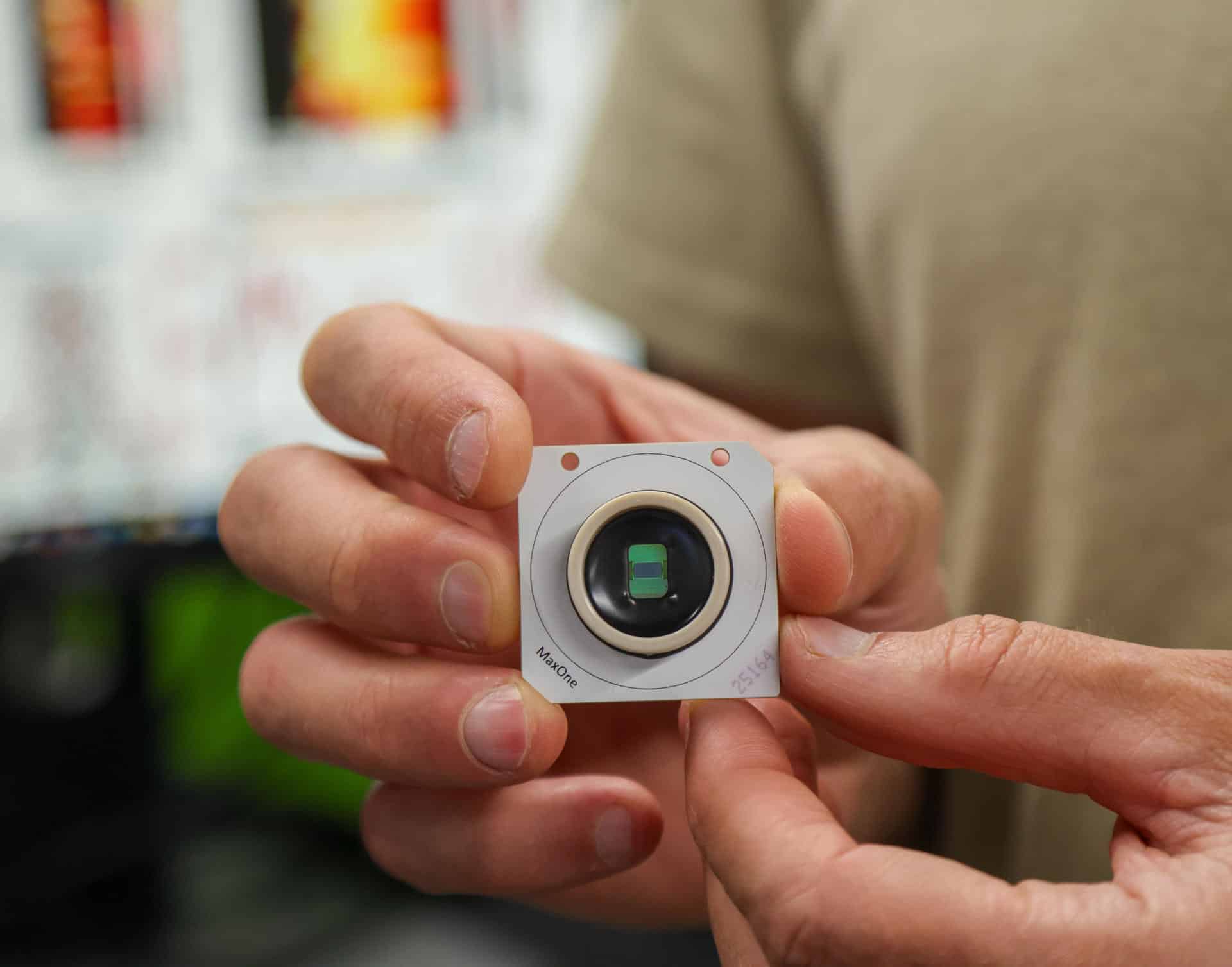 Tal Sharf, investigador en la Escuela de Ingeniería Baskin, sostiene un chip de matriz de microelectrodos basado en CMOS que se utiliza para localizar con precisión la actividad eléctrica de neuronas individuales dentro de tejido organoidal de tamaño milimétrico. Fotografía facilitada por Carolyn Lagattuta/ UC Santa Cruz.