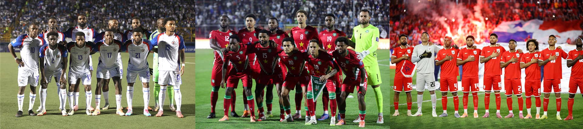 Combo de fotografías que muestra, de izquierda a derecha, a los equipos nacionales de fútbol de Haití, Surinam y Panamá. EFE/ Bienvenido Velasco/ Fernando Ruiz/ STR