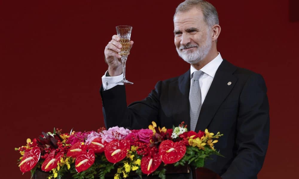 El rey Felipe VI ibrinda durante la cena de gala ofrecida por el presidente chino, Xi Jinping. EFE/ Chema Moya