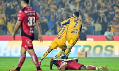 Ozziel Herrera (i) y Angel Correa de Tigres celebran la goleada por 5-0 sobre Tijuana que les ha clasificado este sábado en el estadio Universitario de San Nicolás de Los Garza a las semifinales del Torneo Apertura mexicano. EFE/ Miguel Sierra