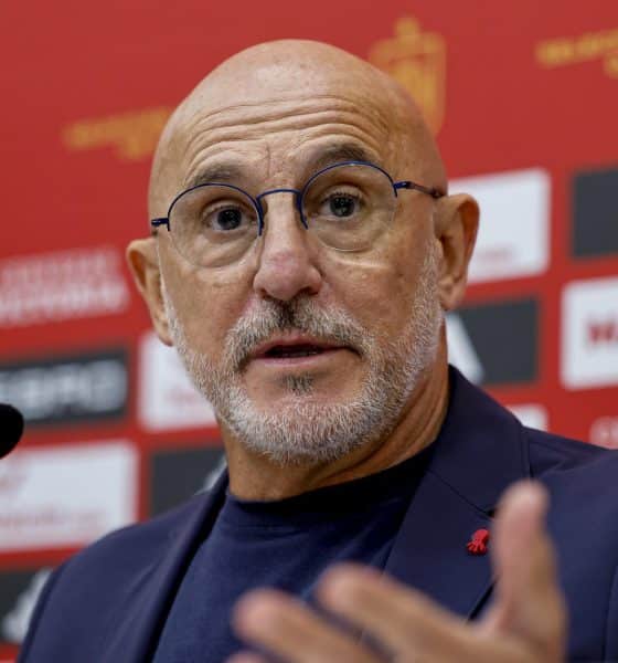 El seleccionador español, Luis de la Fuente, durante la rueda de prensa ofrecida este viernes en la Ciudad del Fútbol de Las Rozas para anunciar la lista de jugadores para enfrentarse a Georgia y Turquía de la fase de clasificación para el Mundial 2026. EFE/Mariscal