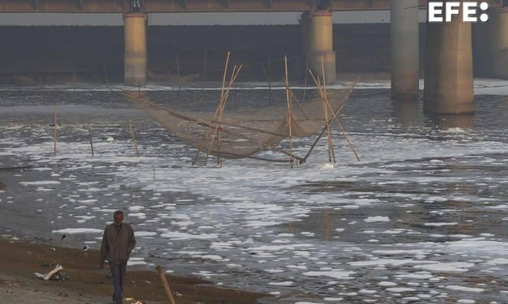 La vida alrededor del río Yamuna, uno de los más sagrados y contaminados de la India, que a su paso por Nueva Delhi sigue siendo escenario de rituales y pesca, cubierto por una capa de espuma tóxica que se extiende más de 500 metros, mientras del agua se desprende un olor químico que cada año hace el paisaje más peligroso. EFE/ Marta Teixidó