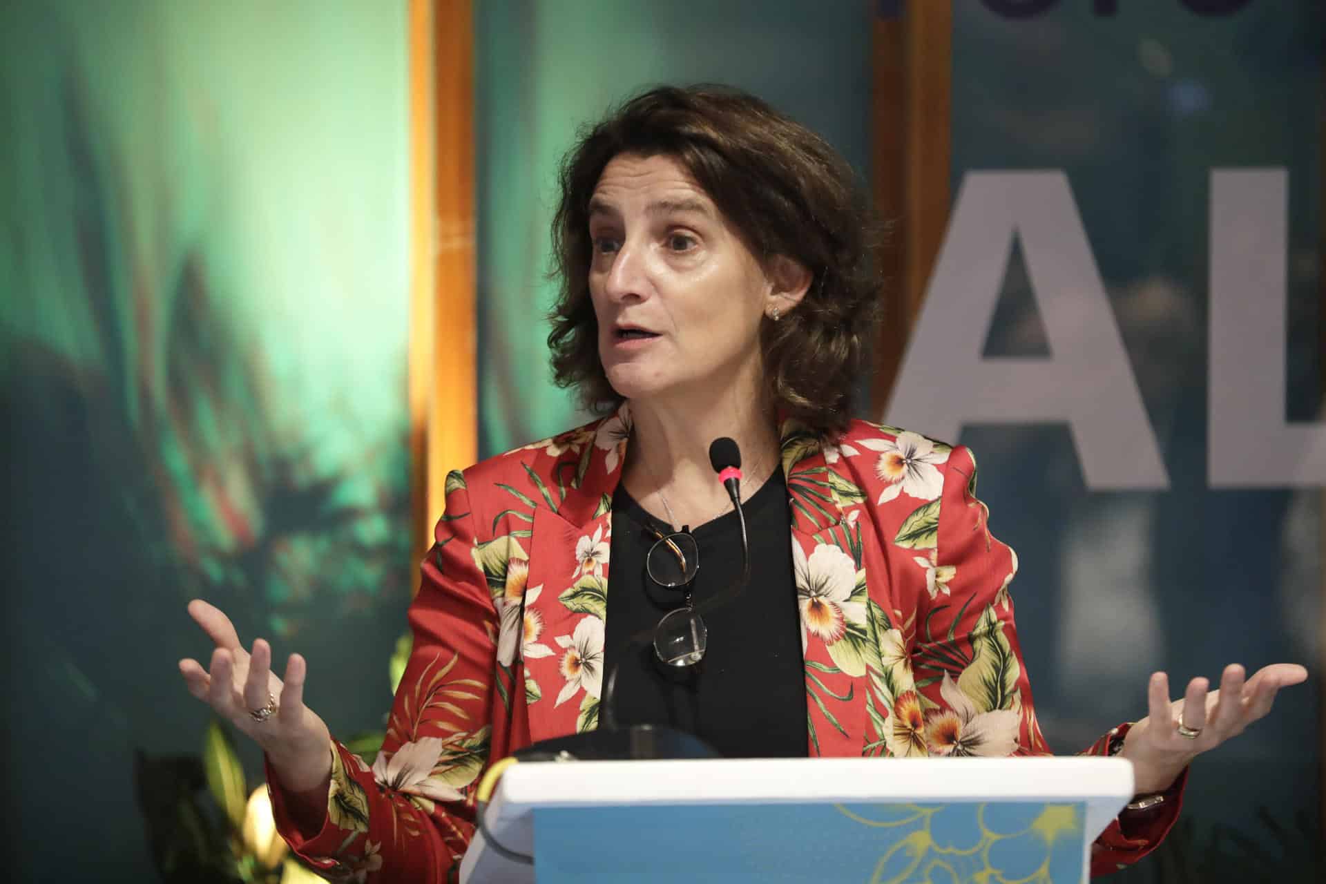 La vicepresidenta para una Transición Limpia, Justa y Competitiva de la Comisión Europea, Teresa Ribera, habla este lunes, en Santa Marta (Colombia). EFE/ Carlos Ortega