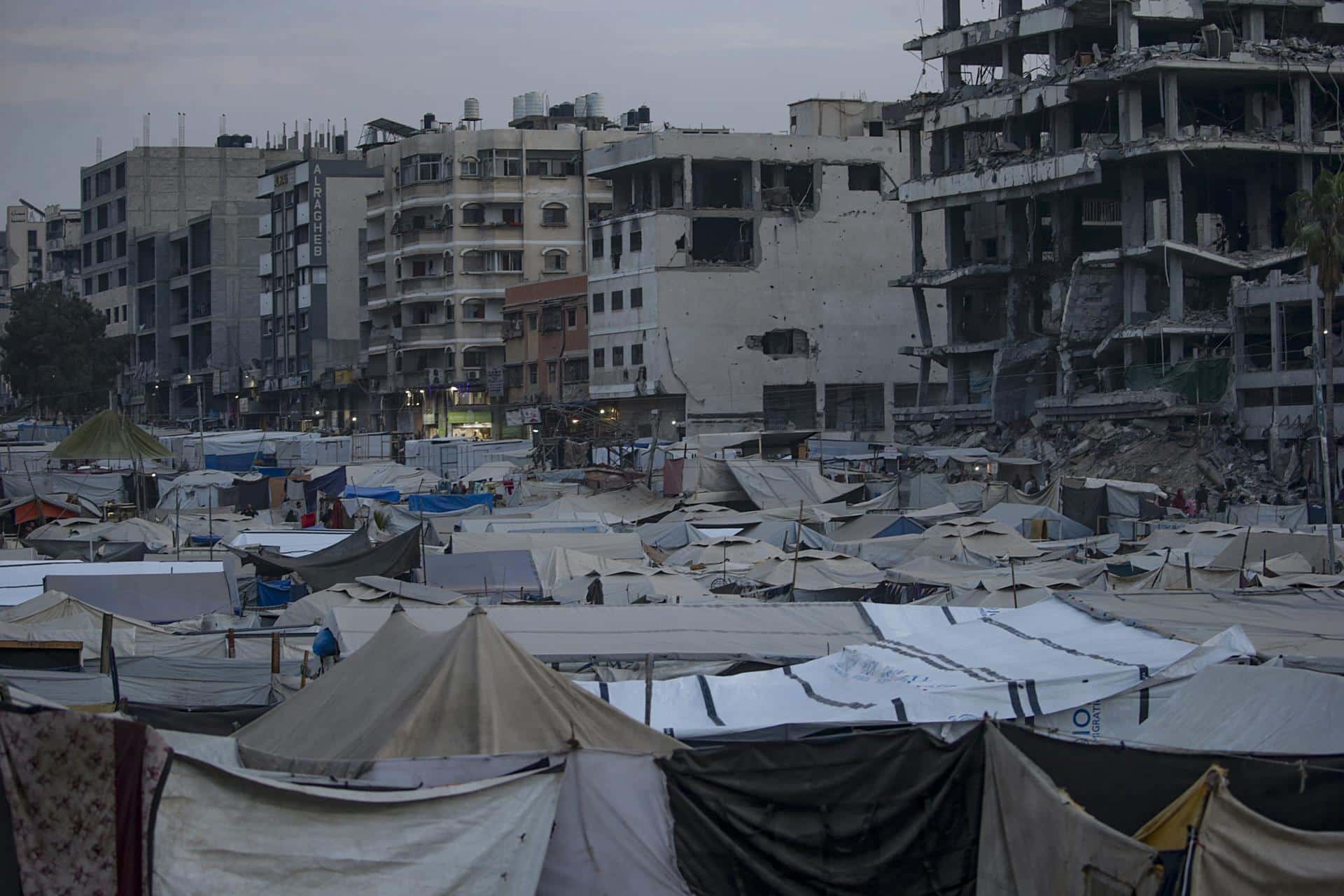 Fotografía del 12 de noviembre de 2025 que muestra tiendas de campaña de palestinos desplazados del norte de Gaza cerca de edificios destruidos en el barrio de Al Remal, en la Ciudad de Gaza. EFE/EPA/MOHAMMED SABER