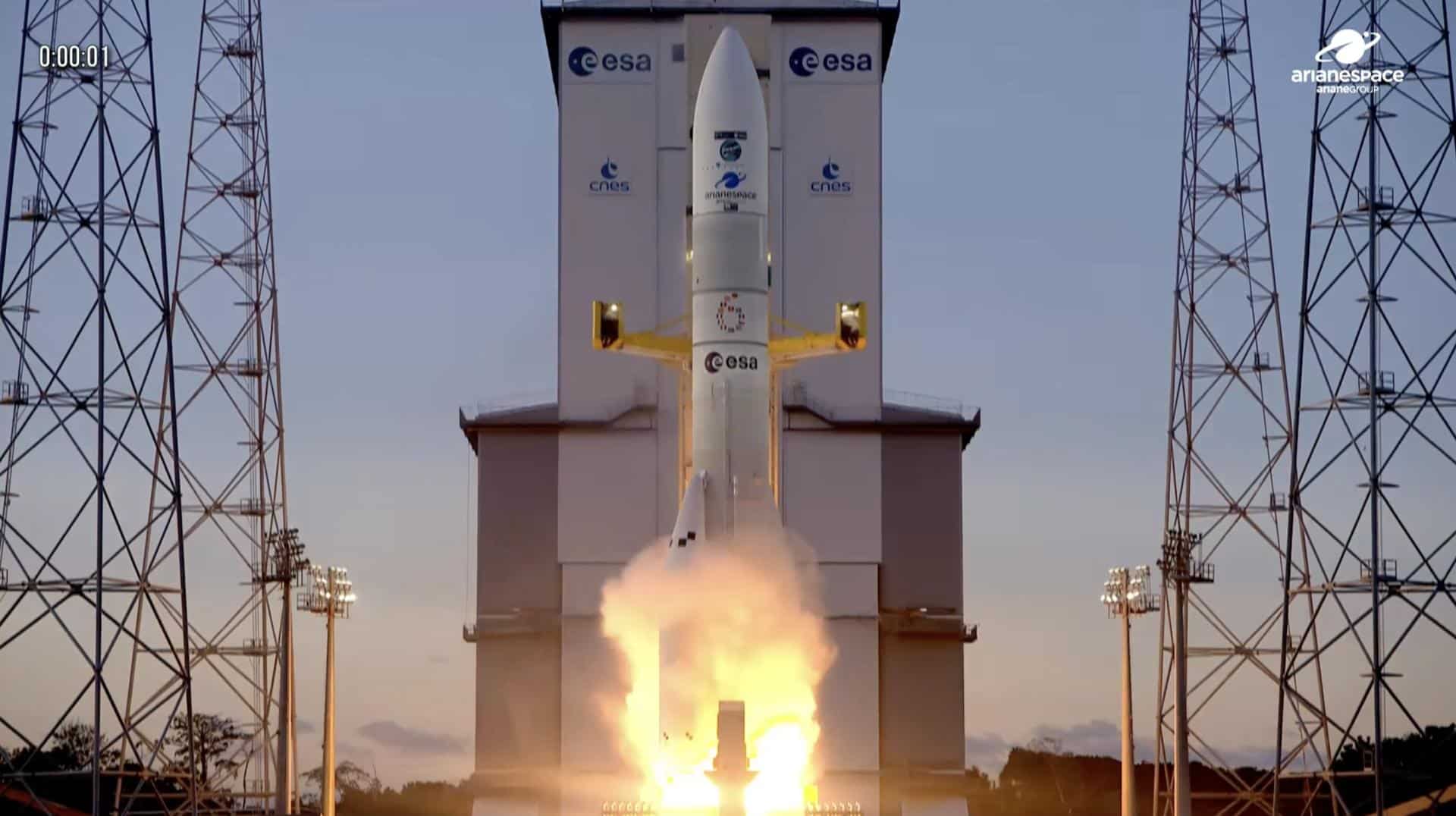 Despega el cohete Ariane 6 con el satélite de observación terrestre Sentinel 1-D. Imagen de la cuenta de X de la Agencia Espacial Europea.