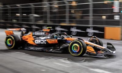 El piloto de McLaren Lando Norris del Reino Unido en acción durante los entrenamientos libres del Gran Premio de Fórmula Uno de Las Vegas (EE.UU.). EFE/EPA/CRISTOBAL HERRERA-ULASHKEVICH