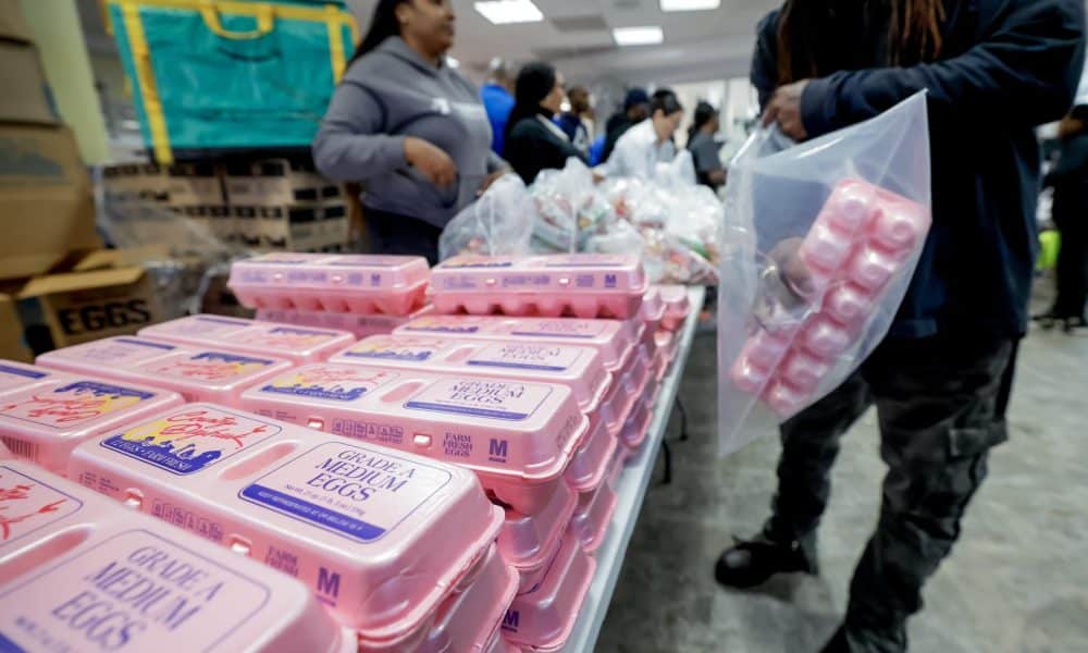 Personas reciben bolsas de ayuda alimentaria durante una distribución gratuita de alimentos en Atlanta, Georgia, EE. UU. EFE/ERIK S. LESSER
