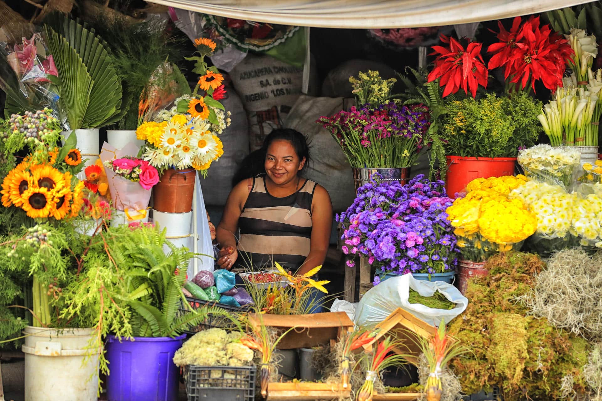 Una mujer vende flores este lunes, durante la Feria del Artesano y el Agricultor en Tegucigalpa (Honduras). EFE/ Gustavo Amador
