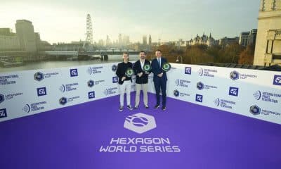 Enrique Buenaventura, fundador de Hexagon Cup (centro), Luigi Carraro, presidente de FIP (dch), y Gary Donaldson, Group Chief Operating Officer de 54, durante la presentación de la Hexagon World Series en Londres este miércoles. EFE/Hexagon World Series (Uso Editorial)