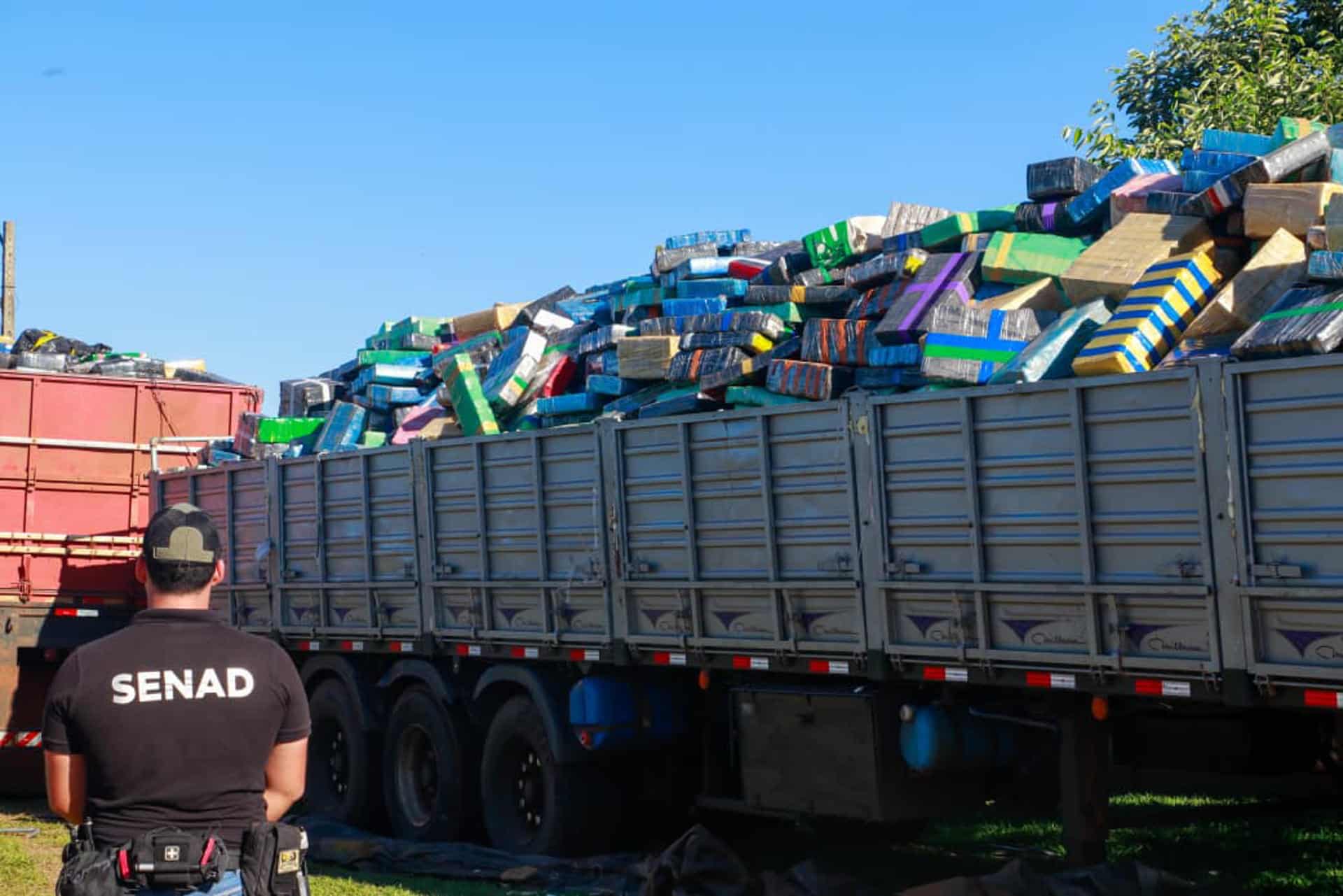 Un integrante de la Secretaría Nacional Antidrogas de Paraguay custodia el proceso de pesaje de marihuana incautada este jueves, en Saltos del Guairá (Paraguay). EFE/ Secretaría Nacional Antidrogas de Paraguay