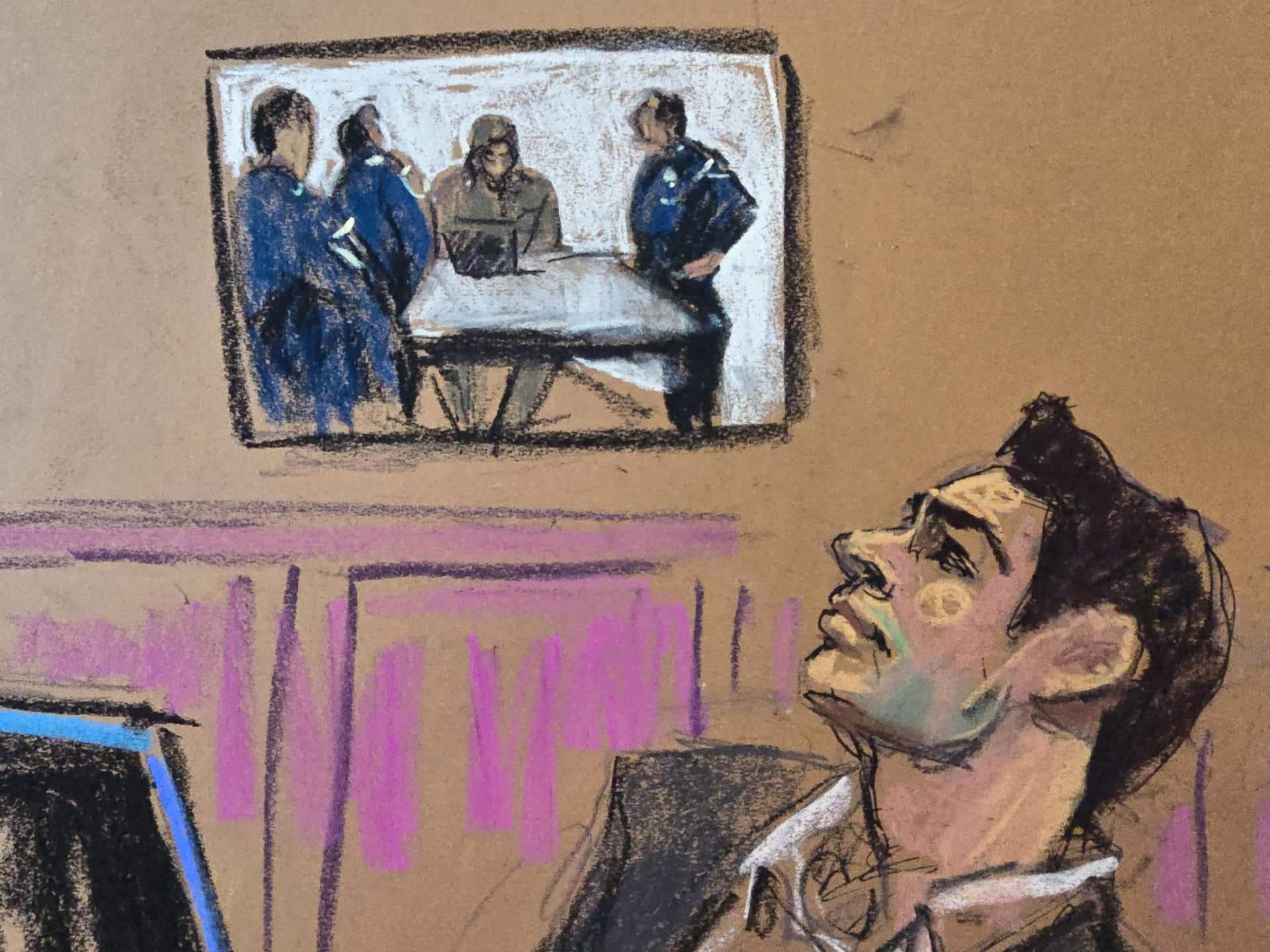 Imagen cedida por la artista Jane Rosenberg de un dibujo donde aparece Luigi Mangione mirando a un monitor en el que se proyecta el momento de su detención en Altoona (Pensilvania) durante una audiencia de supresión de pruebas este lunes, en el Tribunal Penal de Manhattan en Nueva York. EFE/ Jane Rosenberg /SOLO USO EDITORIAL/ NO VENTAS/ SOLO DISPONIBLE PARA ILUSTRAR LA NOTICIA QUE ACOMPAÑA (CRÉDITO OBLIGATORIO)