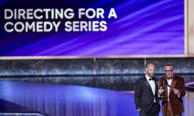 Fotografía de archivo del director canadiense Seth Rogen (derecha) y el guionista canadiense Evan Goldberg (izquierda) de la serie de comedia 'The Studio' . EFE/EPA/ALLISON DINNER