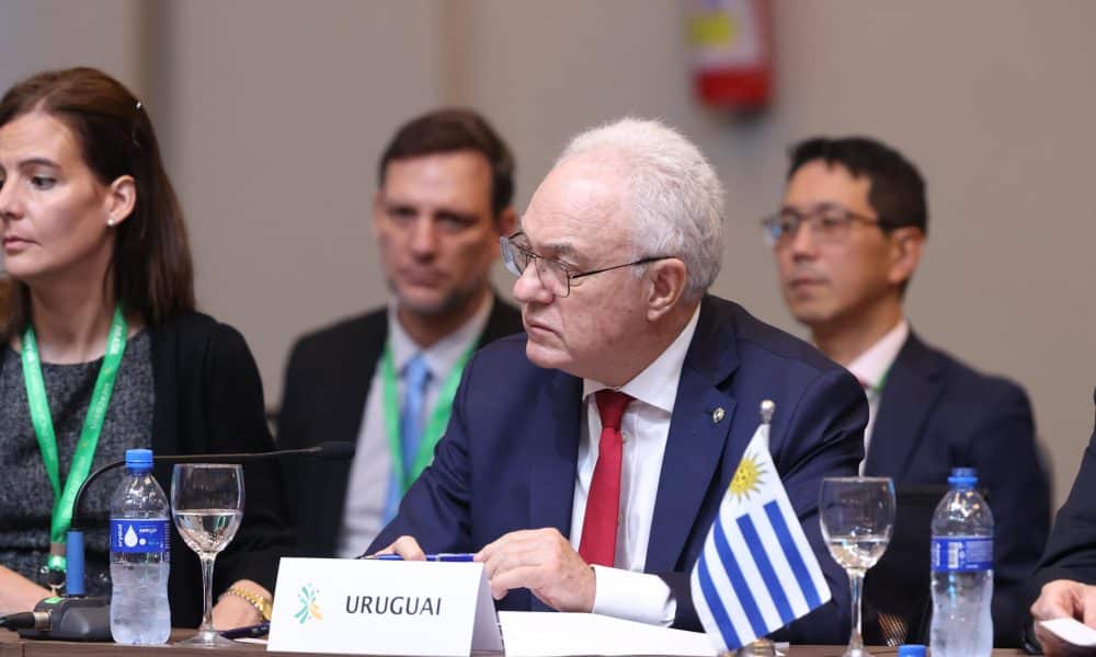 El canciller de Uruguay, Mario Lubetkin, participa durante la instalación de la LXVII Reunión Ordinaria del Consejo del Mercado Común del Sur (Mercosur) este viernes, en Foz de Iguazú (Brasil). EFE/ Juan Pablo Pino