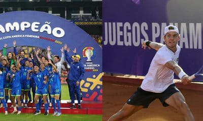 Combo de fotografías de archivo que muestra al equipo femenino de fútbol de Brasil celebrando en la Copa América (i-arriba), el tenista de Brasil, Joao Didoni (d-arriba) compitiendo en los juegos Panamericanos Junior en Asunción. EFE/ Archivo
