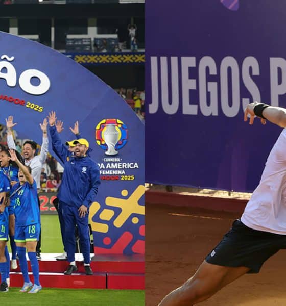 Combo de fotografías de archivo que muestra al equipo femenino de fútbol de Brasil celebrando en la Copa América (i-arriba), el tenista de Brasil, Joao Didoni (d-arriba) compitiendo en los juegos Panamericanos Junior en Asunción. EFE/ Archivo